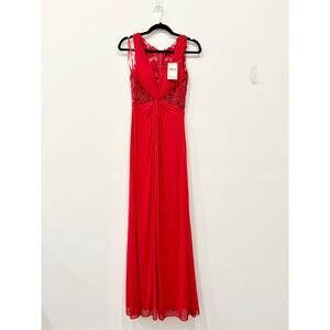 NWT La Femme Embellished Pleated Twist Front Maxi Formal Dress Red Womens Size S